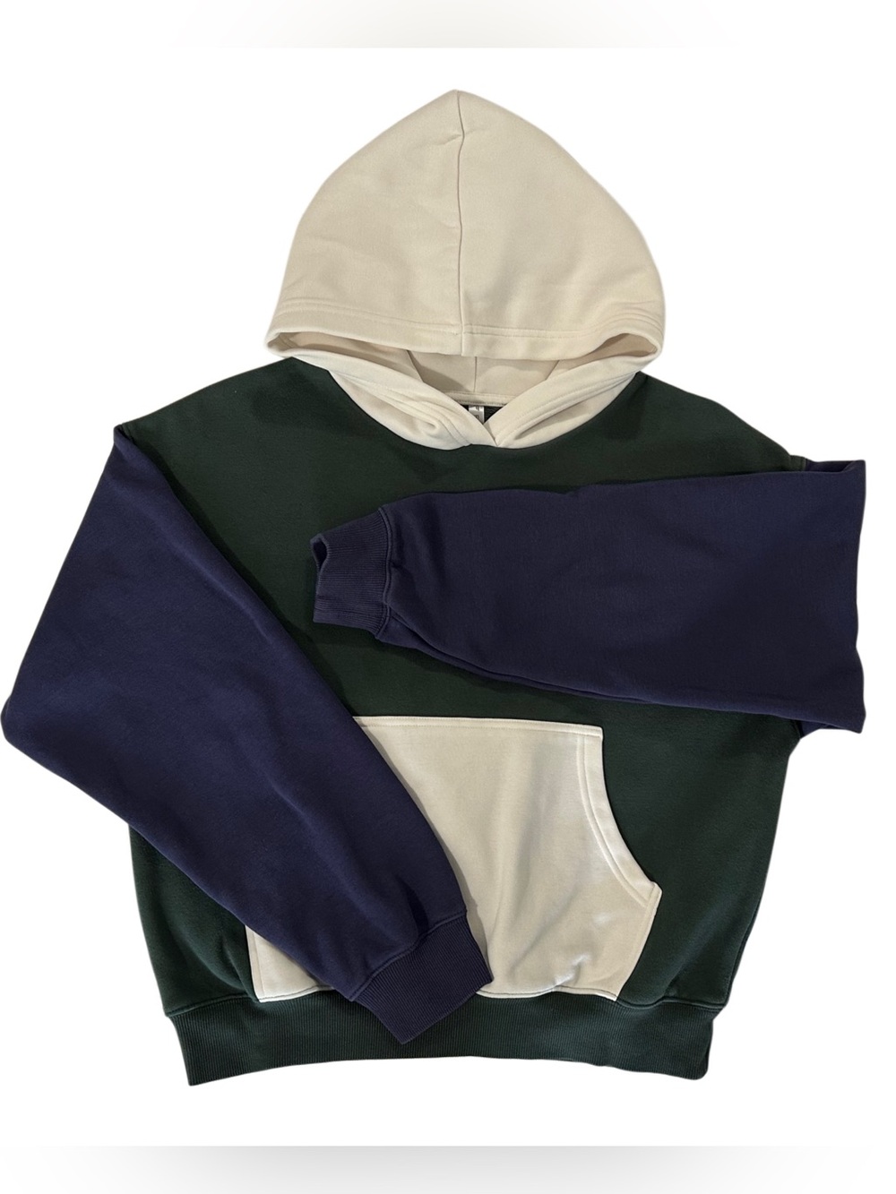 Fabletics Color Block Hoodie Green Navy Cream Fleece Pullover Size S